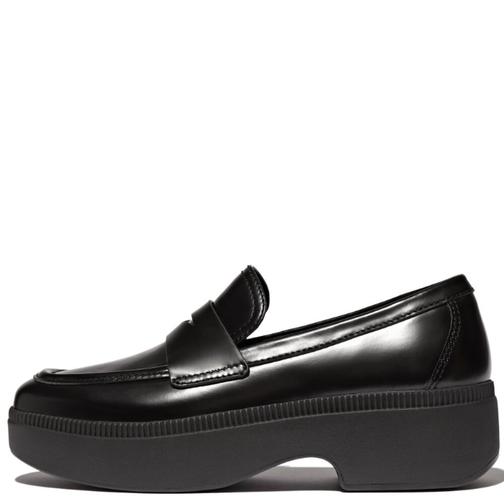 Fitflop - F-LUMA Box-Leather Demi-Wedge Penny Loafers - Black - Size 9